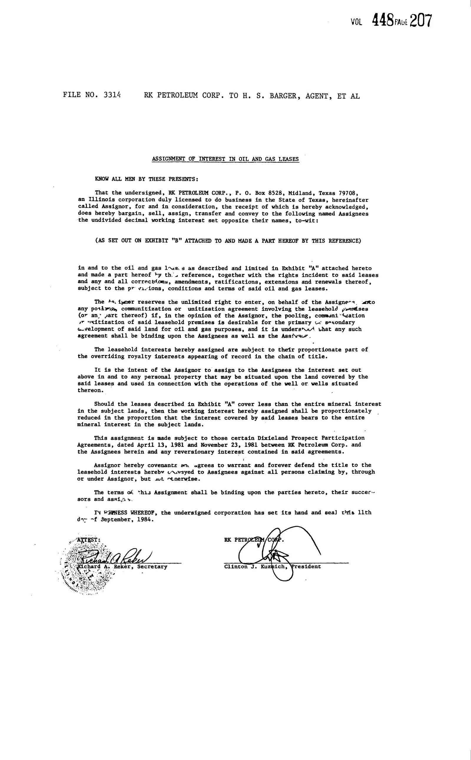 Rk Petroleum Corp - Recorded A/Int O&Gl (Doc #20766444)