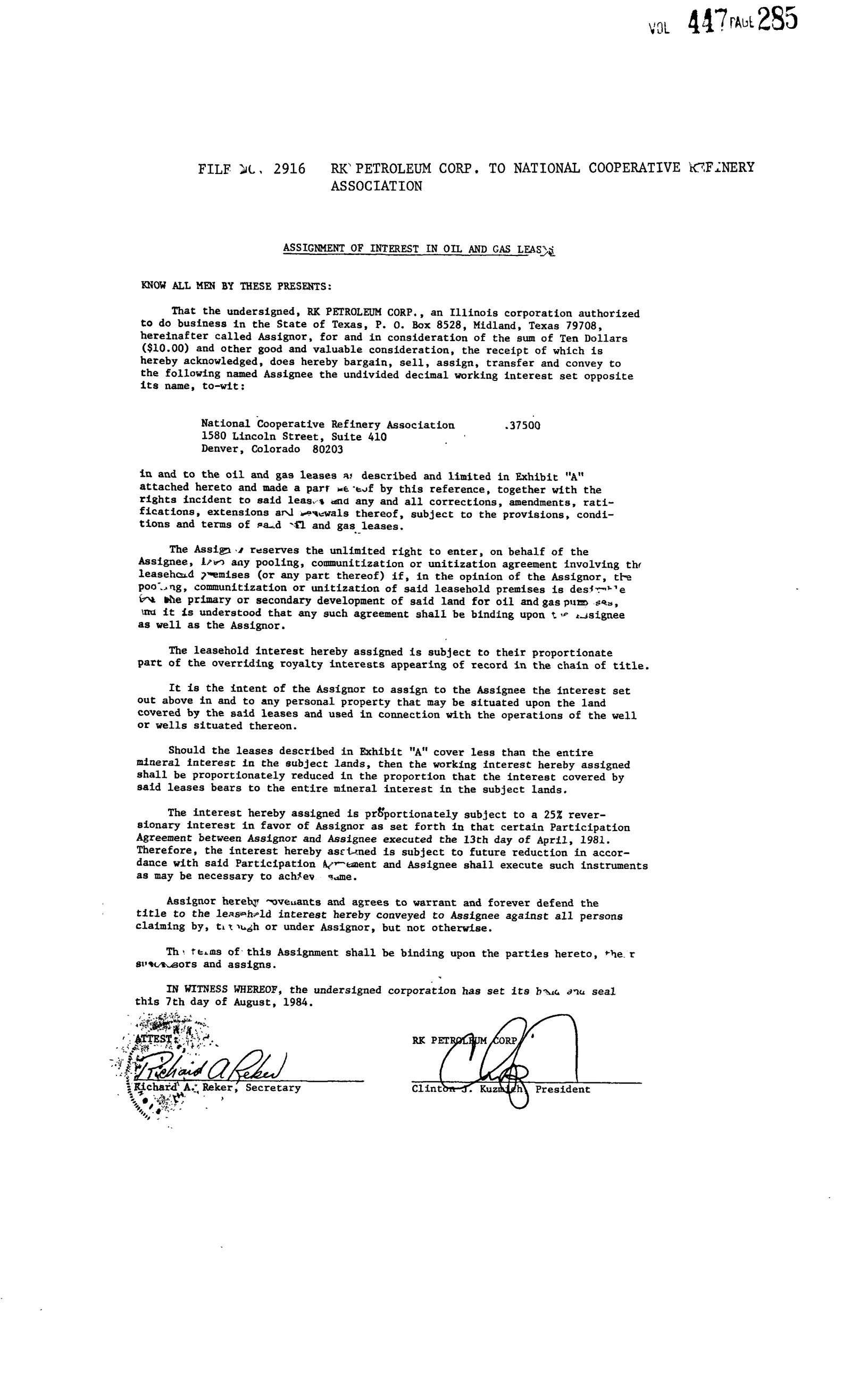Rk Petroleum Corp - Recorded A/Int O&Gl (Doc #20765833)